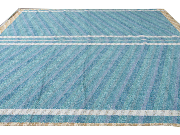 Modern Swedish Style Handmade Geometric Oversize Blue Wool Rug