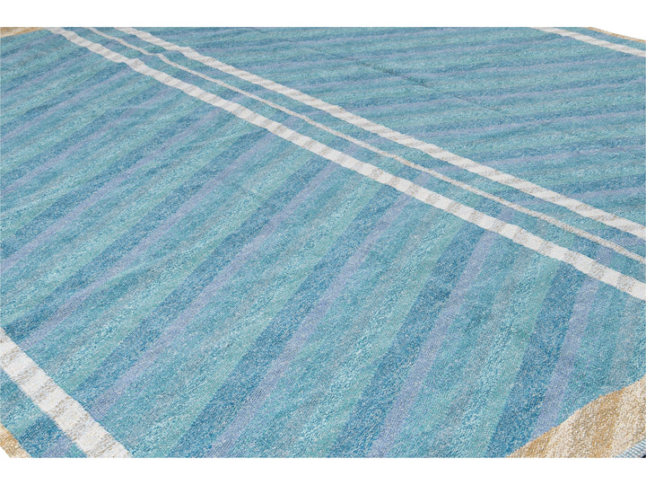 Modern Swedish Style Handmade Geometric Oversize Blue Wool Rug