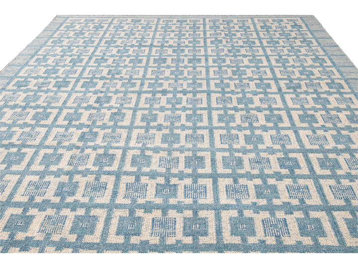 Modern Swedish Style Handmade Geometric Pattern Blue and Ivory Wool Rug