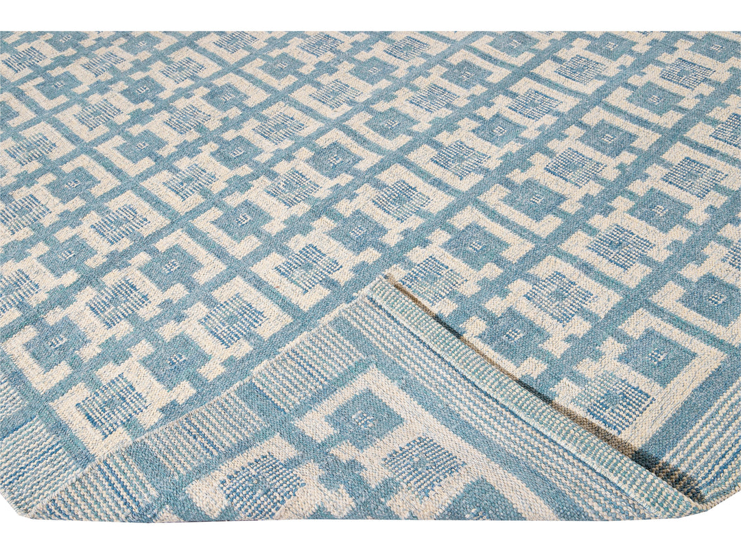 Modern Swedish Style Handmade Geometric Pattern Blue and Ivory Wool Rug