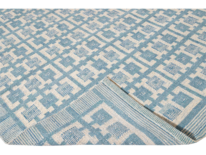 Modern Swedish Style Handmade Geometric Pattern Blue and Ivory Wool Rug