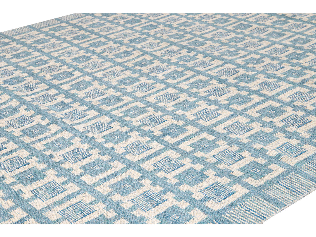 Modern Swedish Style Handmade Geometric Pattern Blue and Ivory Wool Rug