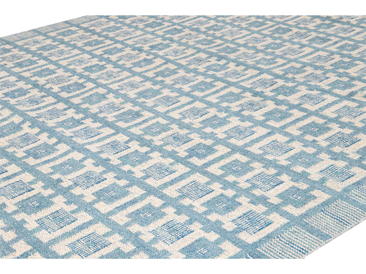 Modern Swedish Style Handmade Geometric Pattern Blue and Ivory Wool Rug