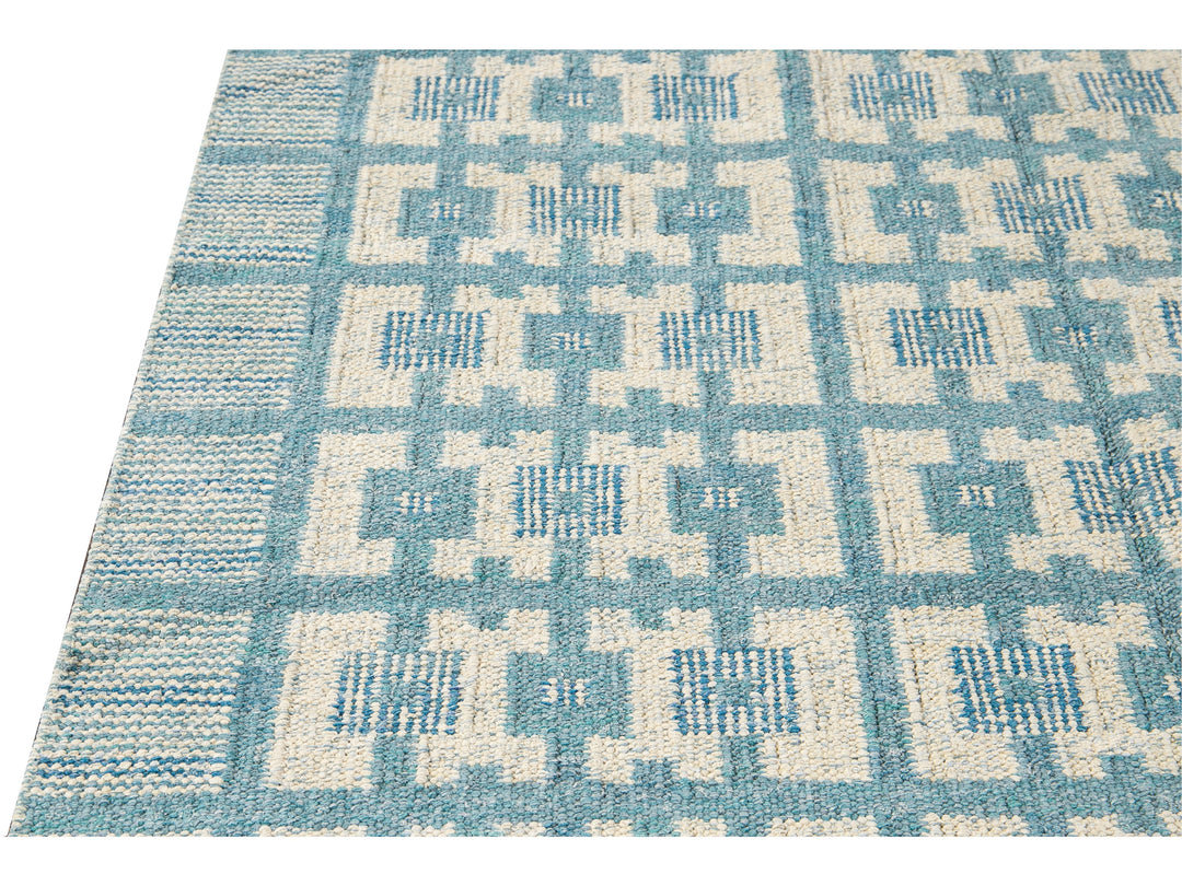Modern Swedish Style Handmade Geometric Pattern Room size Blue Wool Rug