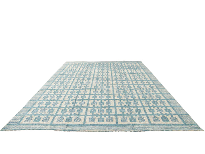 Modern Swedish Style Handmade Geometric Pattern Room size Blue Wool Rug