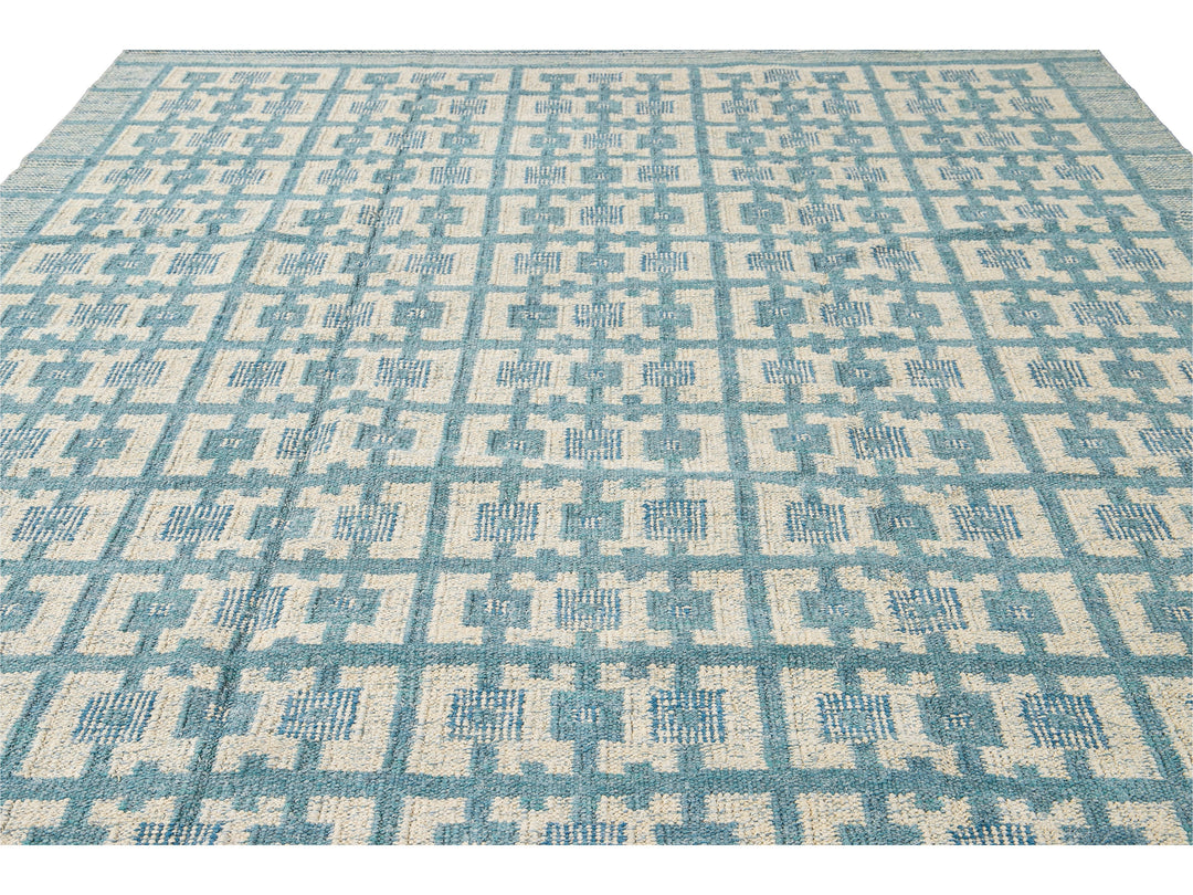 Modern Swedish Style Handmade Geometric Pattern Room size Blue Wool Rug