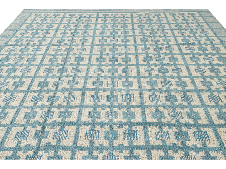 Modern Swedish Style Handmade Geometric Pattern Room size Blue Wool Rug