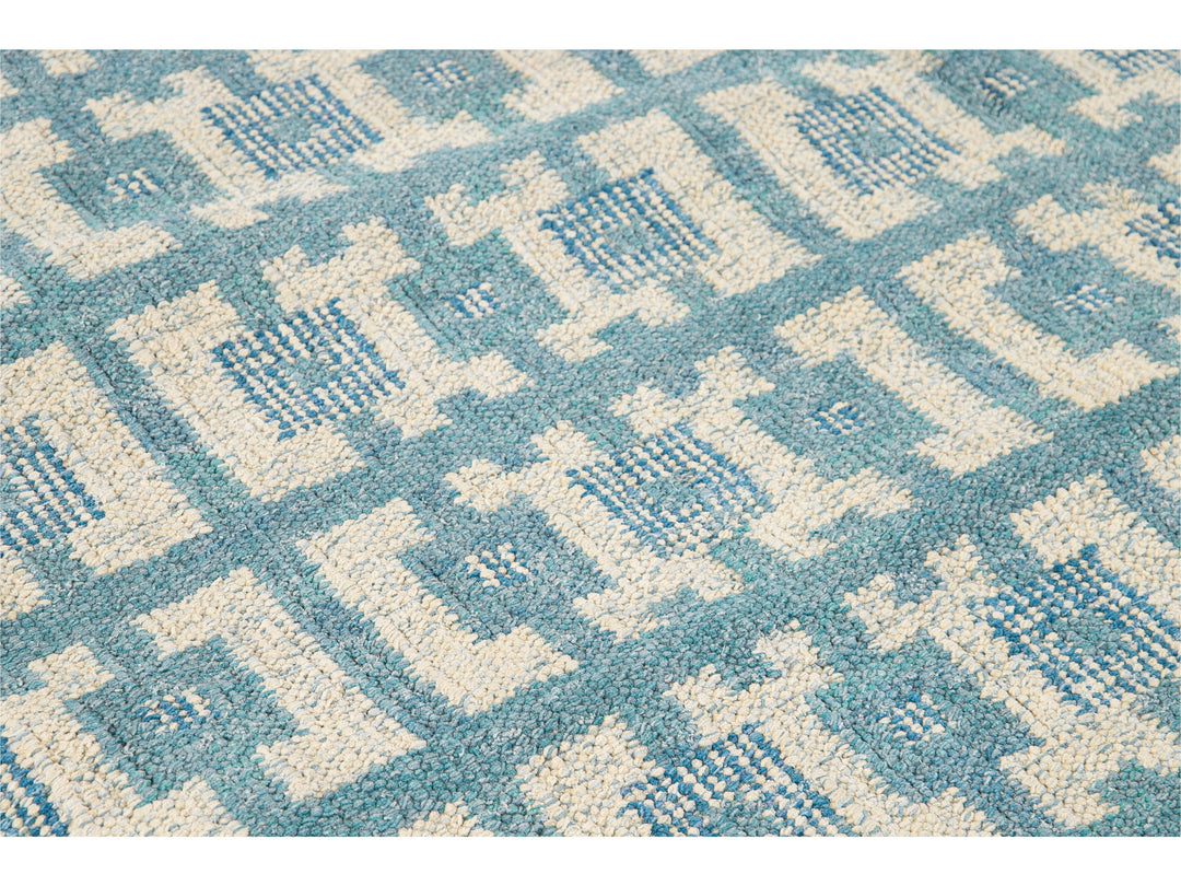 Modern Swedish Style Handmade Geometric Pattern Room size Blue Wool Rug