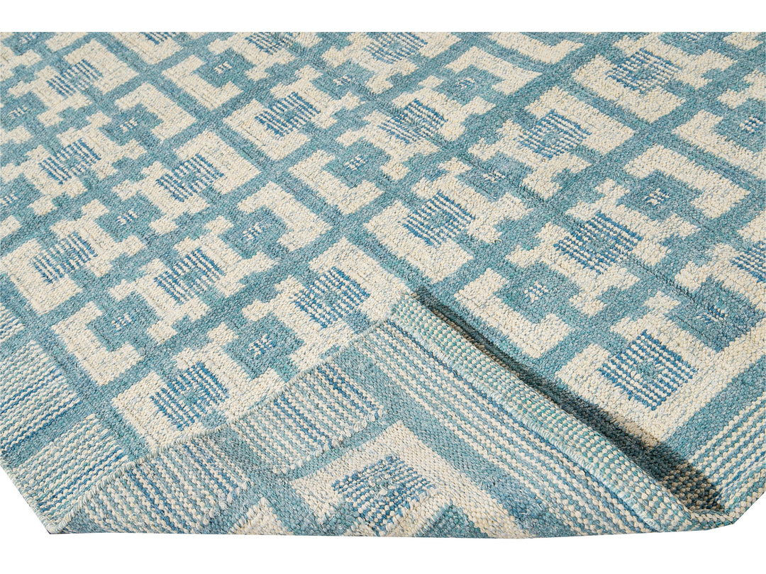 Modern Swedish Style Handmade Geometric Pattern Room size Blue Wool Rug