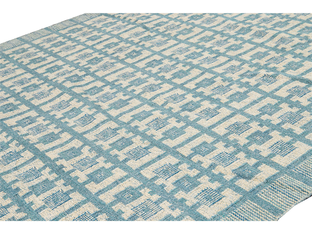 Modern Swedish Style Handmade Geometric Pattern Room size Blue Wool Rug