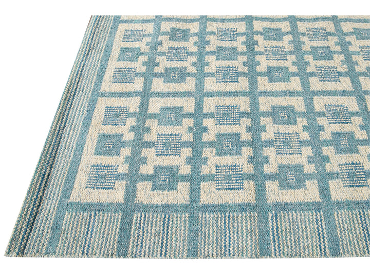 Modern Swedish Style Handmade Geometric Pattern Room size Blue Wool Rug