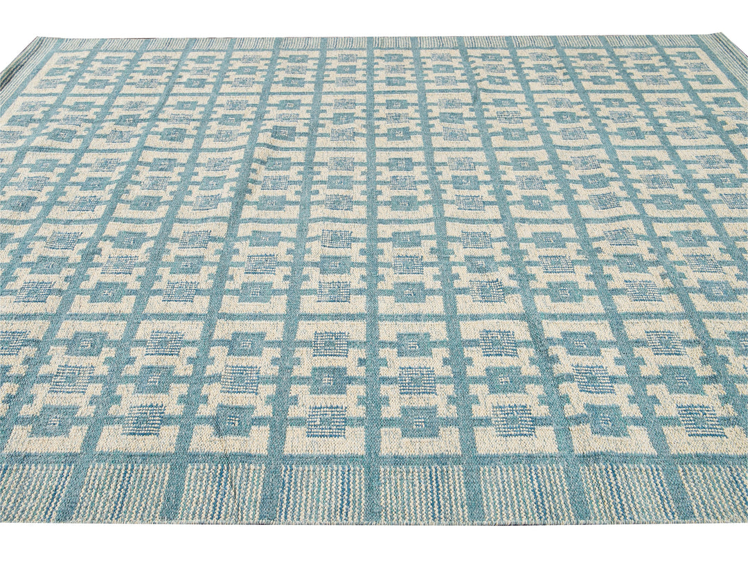 Modern Swedish Style Handmade Geometric Pattern Room size Blue Wool Rug