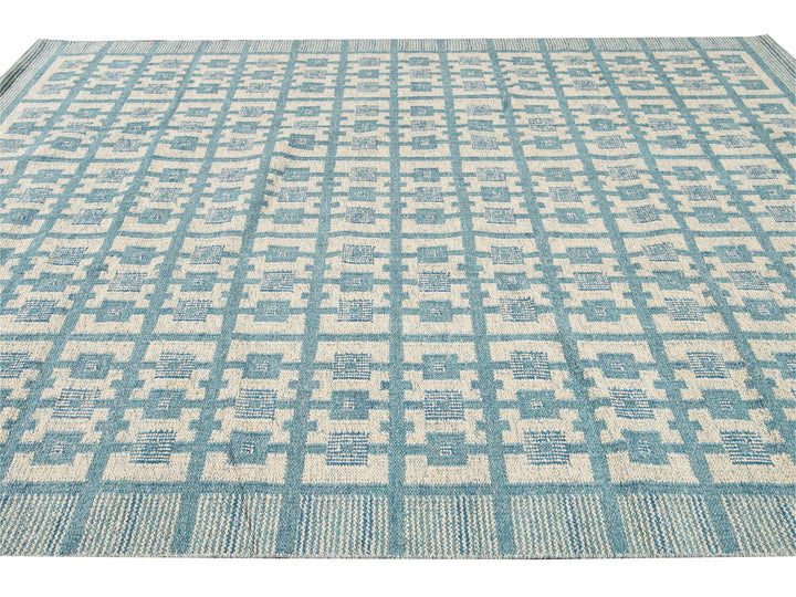 Modern Swedish Style Handmade Geometric Pattern Room size Blue Wool Rug