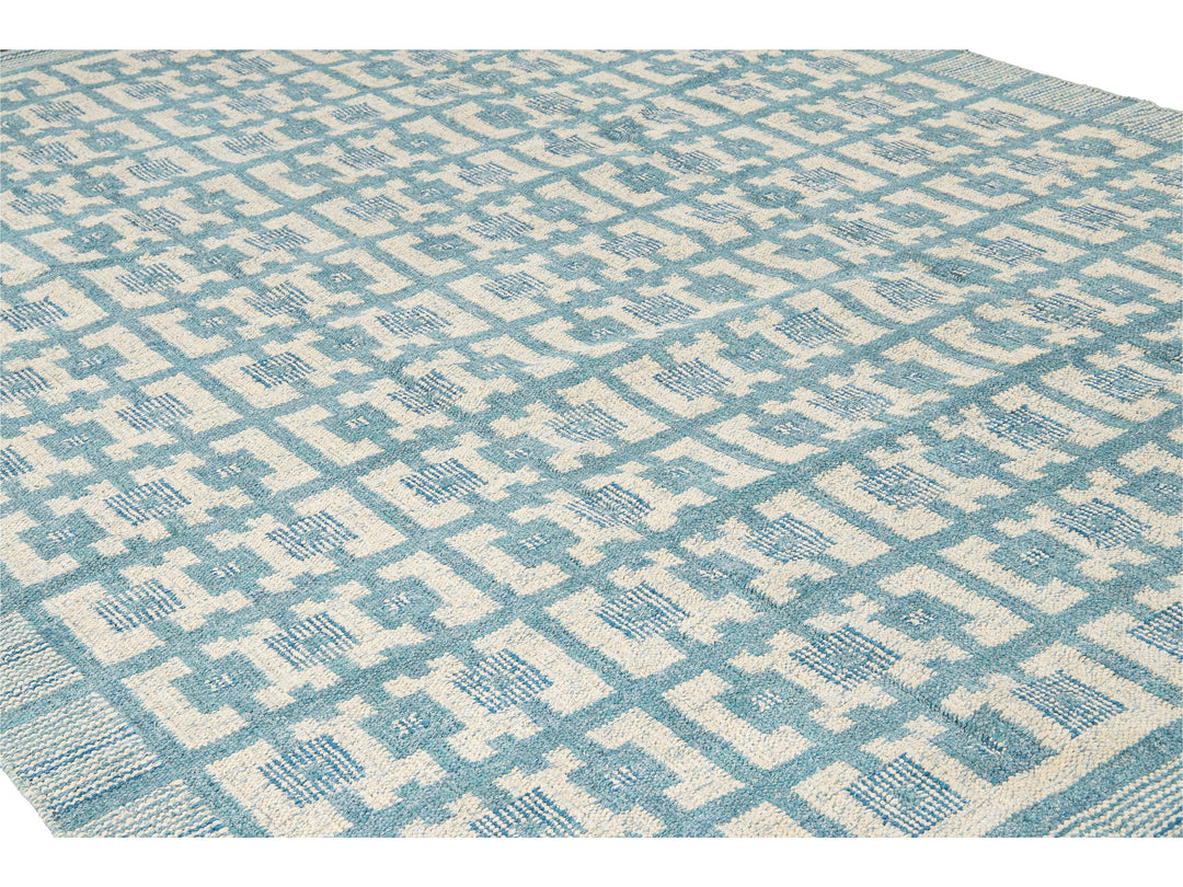 Modern Swedish Style Handmade Geometric Pattern Room size Blue Wool Rug