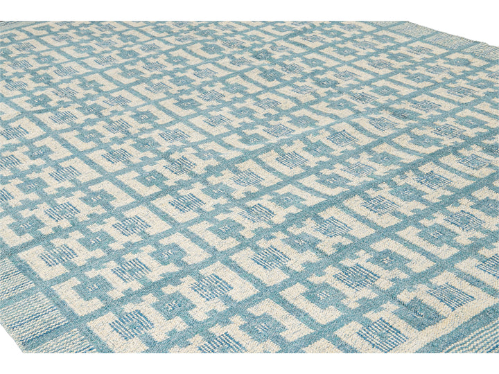 Modern Swedish Style Handmade Geometric Pattern Room size Blue Wool Rug
