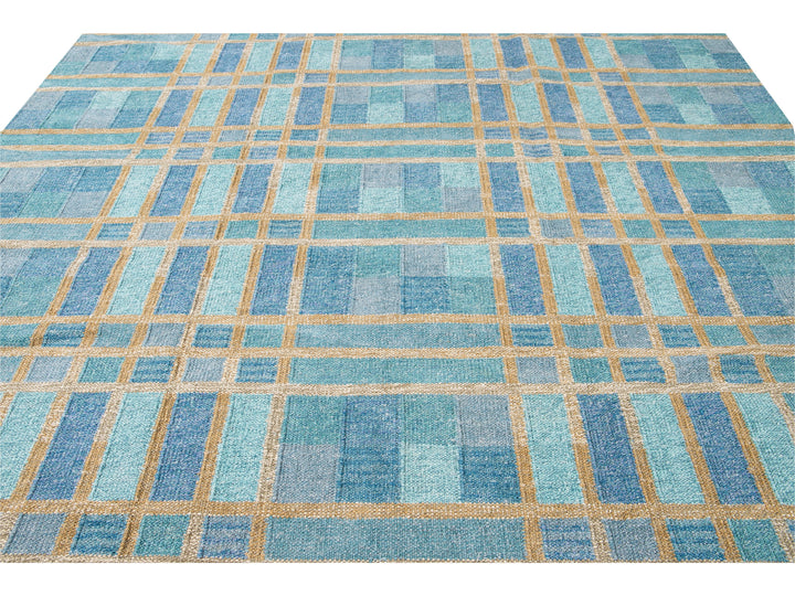 Modern Swedish Style Handmade Geometric Pattern Blue and Yellow Wool Rug