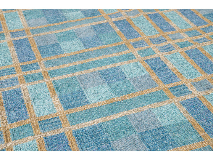 Modern Swedish Style Handmade Geometric Pattern Blue and Yellow Wool Rug