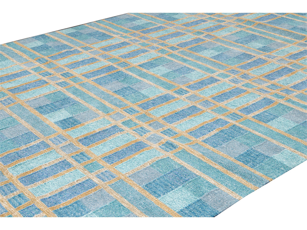 Modern Swedish Style Handmade Geometric Pattern Blue and Yellow Wool Rug