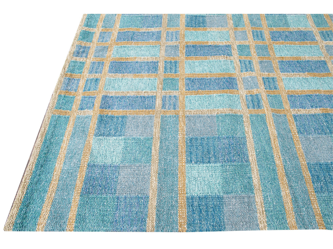 Modern Swedish Style Handmade Geometric Pattern Blue and Yellow Wool Rug