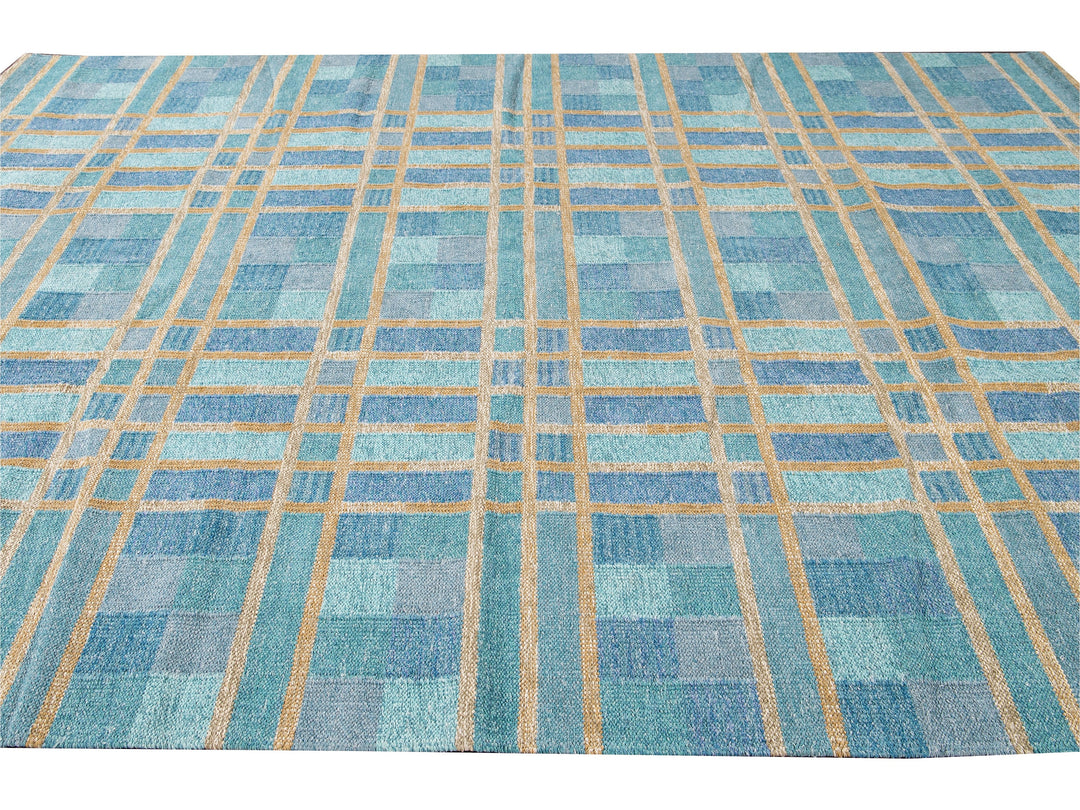 Modern Swedish Style Handmade Geometric Pattern Blue and Yellow Wool Rug