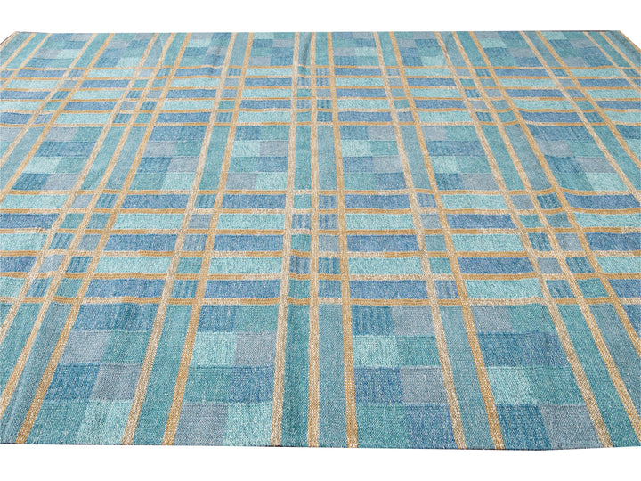 Modern Swedish Style Handmade Geometric Pattern Blue and Yellow Wool Rug