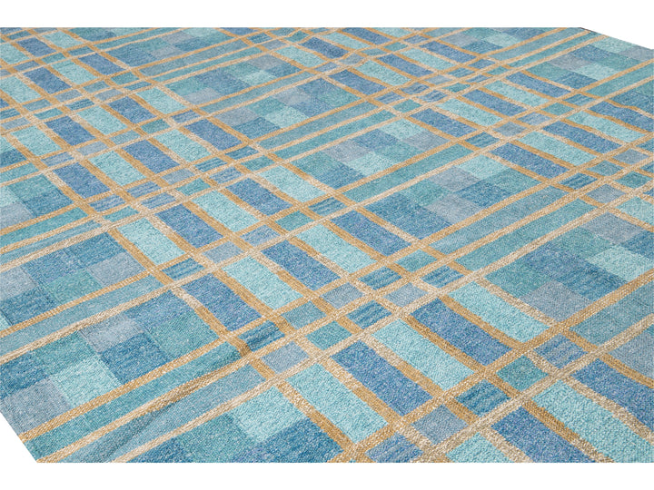 Modern Swedish Style Handmade Geometric Pattern Blue and Yellow Wool Rug
