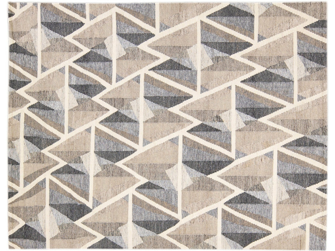 Modern Kilim Flatweave Geometric Abstract Brown Wool Rug