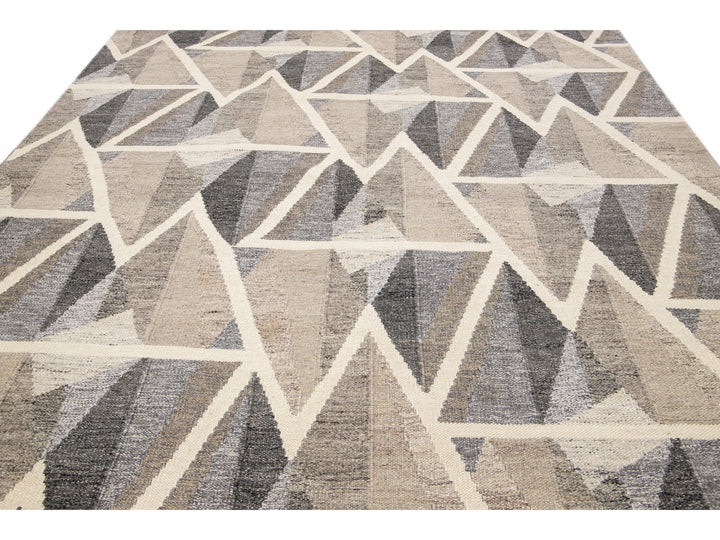 Modern Kilim Flatweave Geometric Abstract Brown Wool Rug