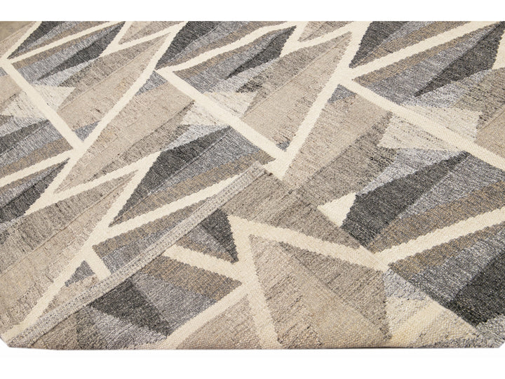 Modern Kilim Flatweave Geometric Abstract Brown Wool Rug
