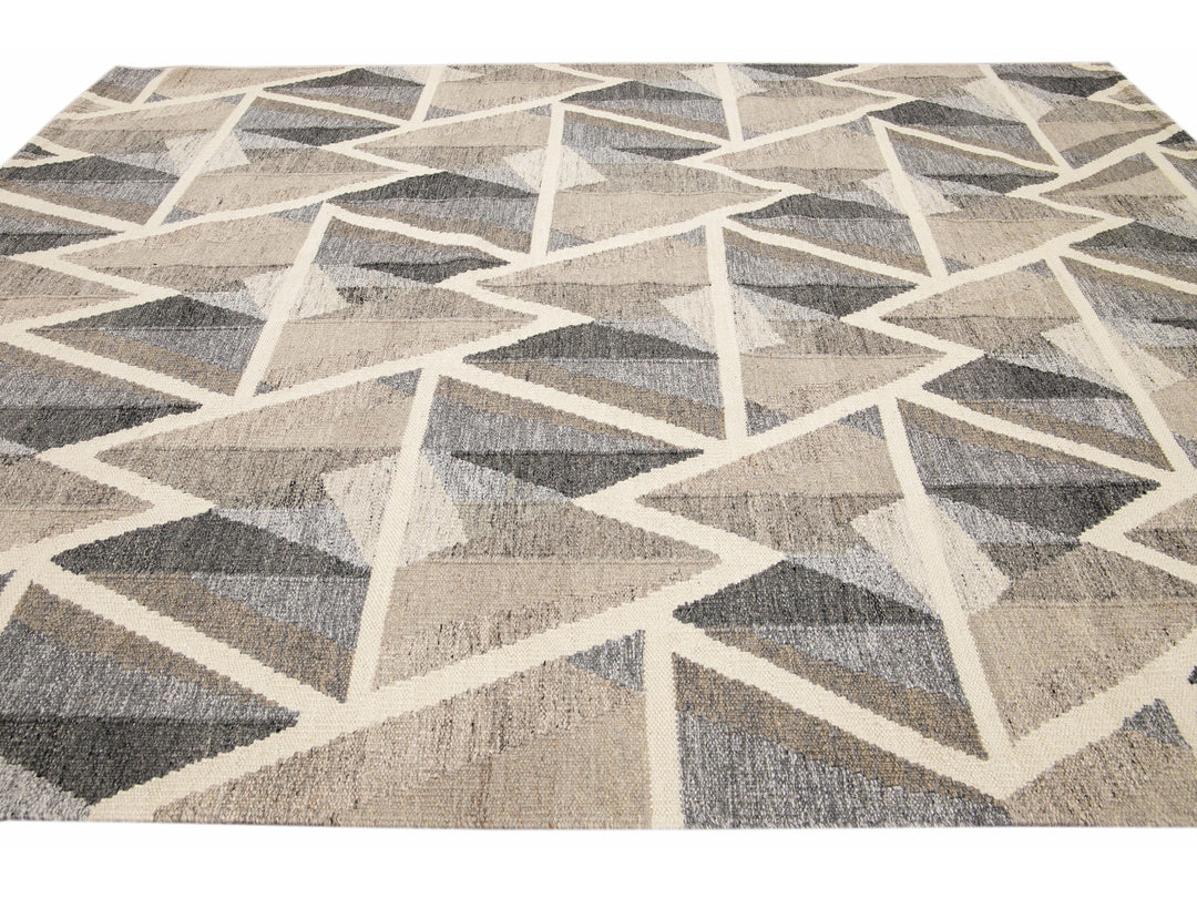 Modern Kilim Flatweave Geometric Abstract Brown Wool Rug