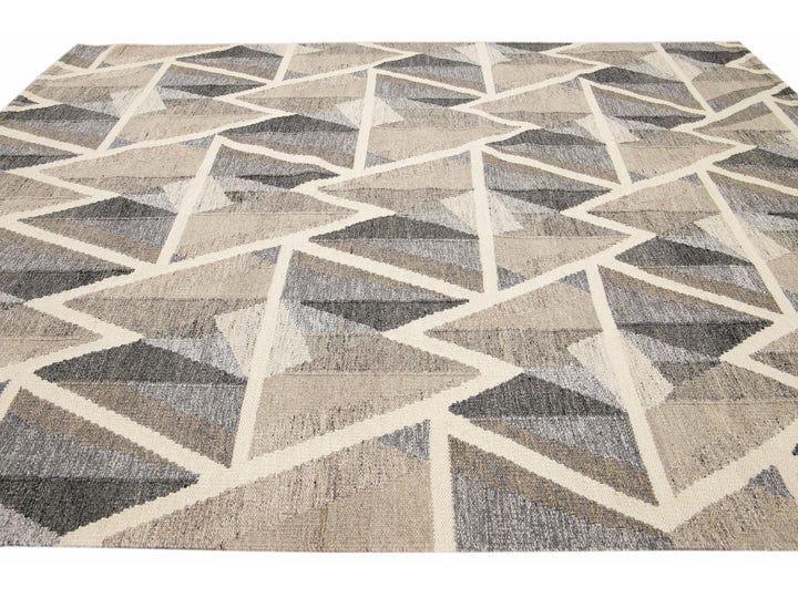 Modern Kilim Flatweave Geometric Abstract Brown Wool Rug