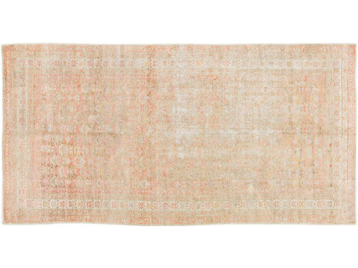 Antique Malayer Handmade Geometric Pattern Pink And Tan Scatter Wool Rug