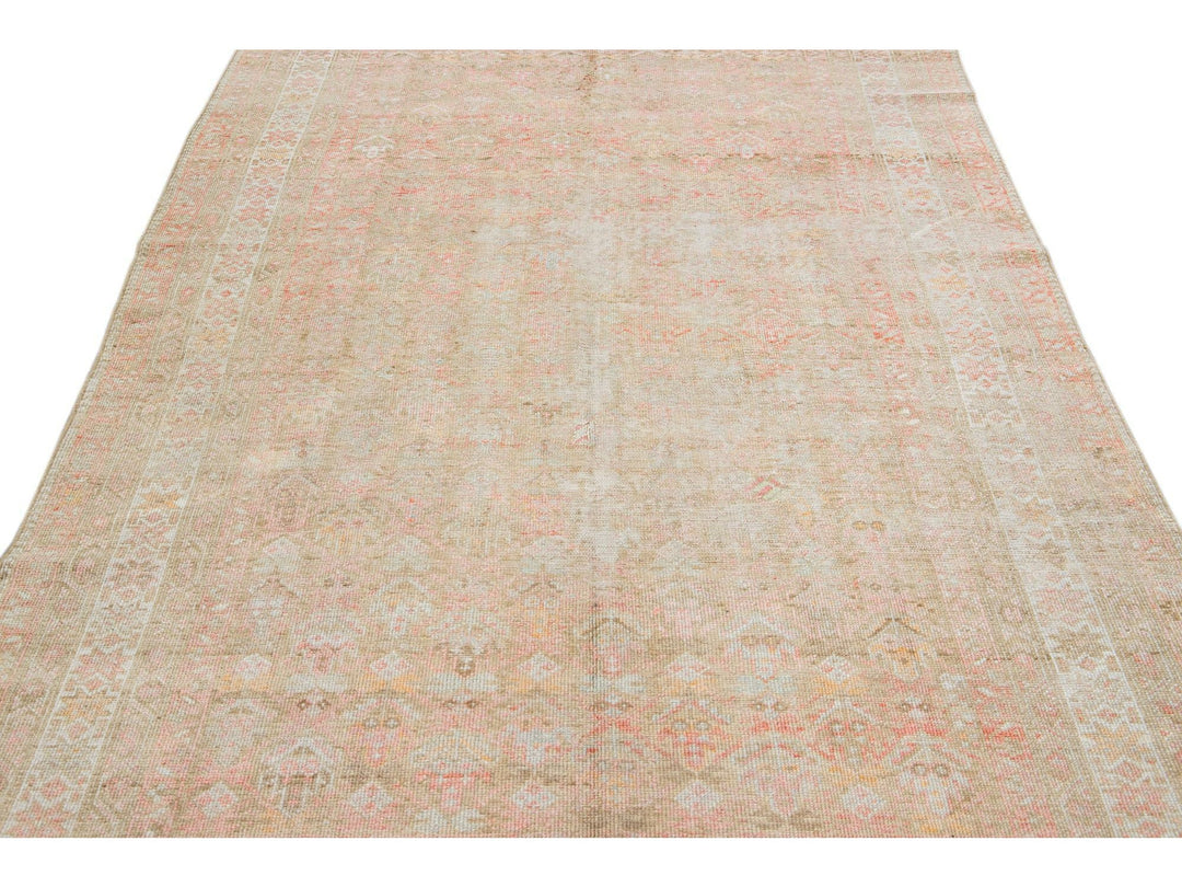 Antique Malayer Handmade Geometric Pattern Pink And Tan Scatter Wool Rug