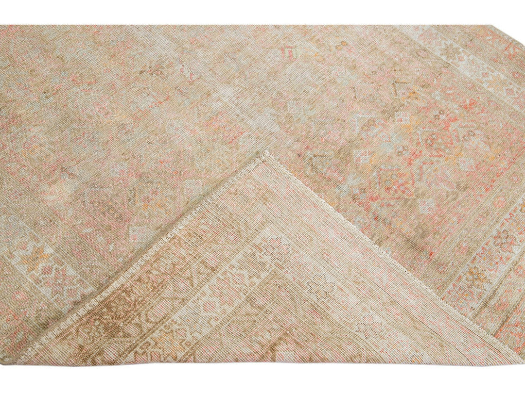 Antique Malayer Handmade Geometric Pattern Pink And Tan Scatter Wool Rug