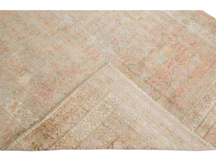 Antique Malayer Handmade Geometric Pattern Pink And Tan Scatter Wool Rug