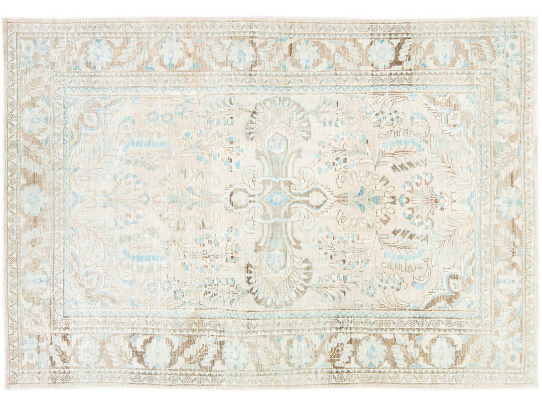 Antique Mahal Handmade Medallion Motif Beige Wool Rug