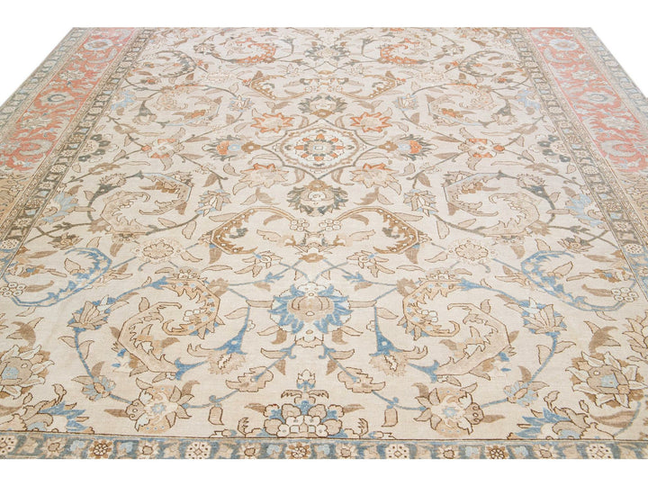 Beige Antique Persian Tabriz Handmade Medallion Floral Motif Wool Rug