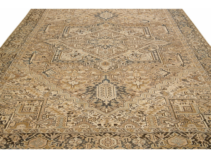 Antique Persian Heriz Handmade Geometric Beige And Blue Wool Rug