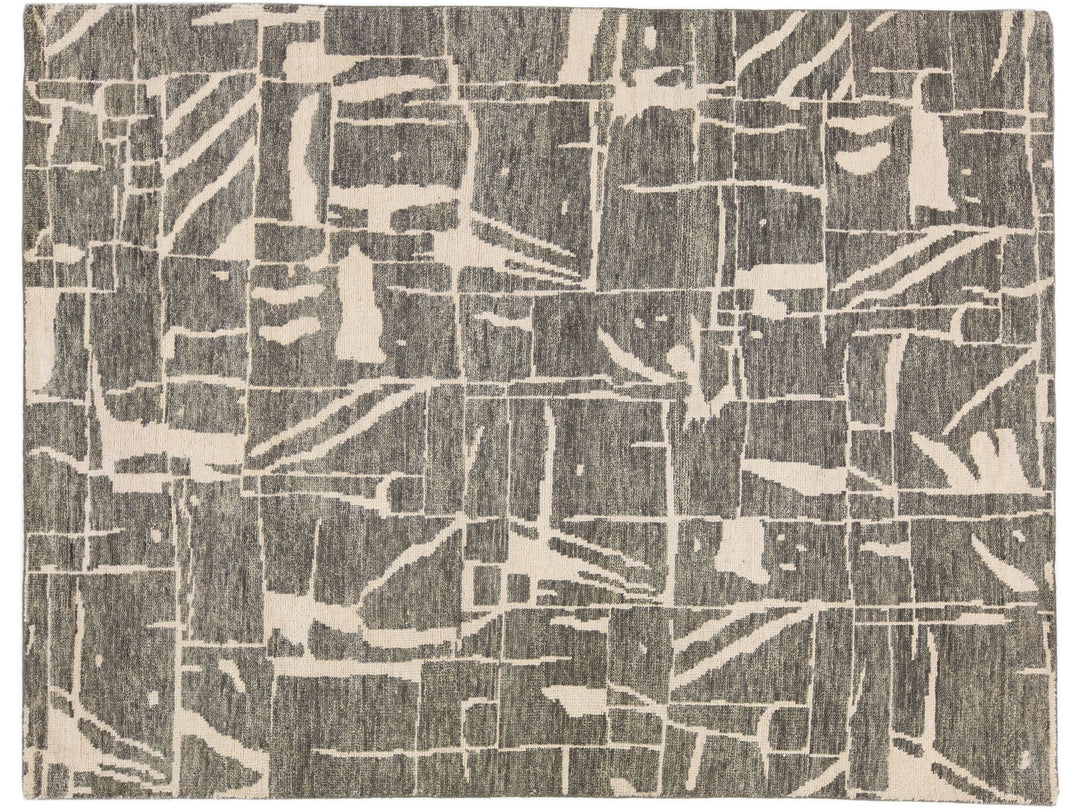 Contemporary Texture Handmade Pewter Green Designed Wool Rug