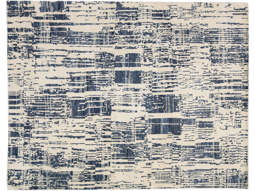 Contemporary Texture Handmade Ivory & Blue Abstract Wool Rug