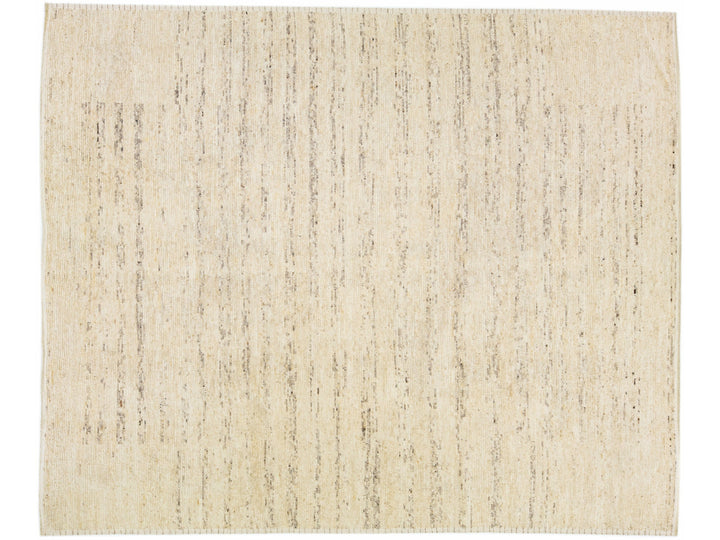Beige Modern Moroccan Style Handmade Striped Wool Rug by Apadana