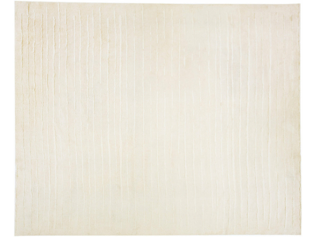 Modern Moroccan Style Beige Handmade Striped Motif Wool Rug by Apadana