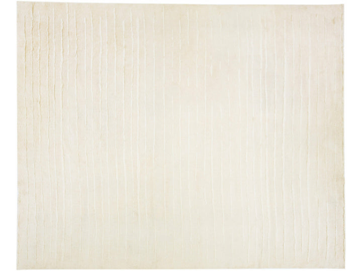 Modern Moroccan Style Beige Handmade Striped Motif Wool Rug by Apadana