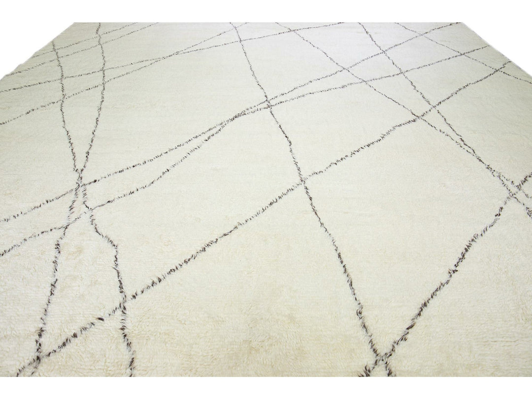 Modern Oversize Moroccan Style Handmade Tribal Pattern Ivory Wool Rug by Apadana