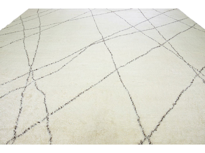 Modern Oversize Moroccan Style Handmade Tribal Pattern Ivory Wool Rug by Apadana