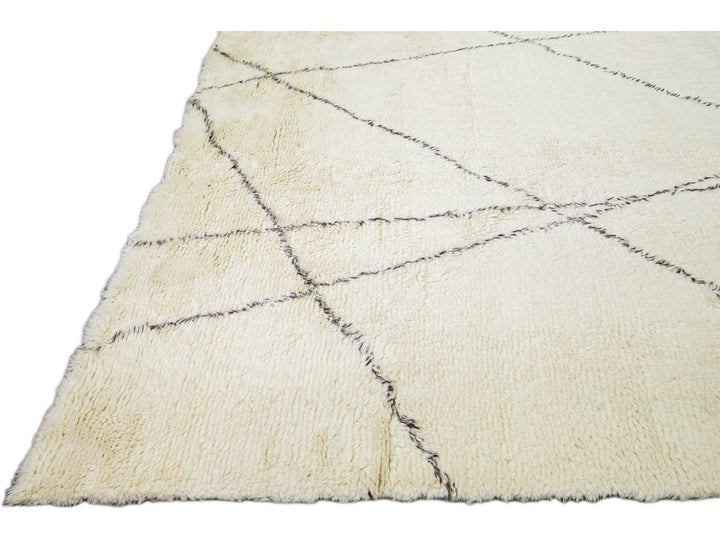 Modern Oversize Moroccan Style Handmade Tribal Pattern Ivory Wool Rug by Apadana