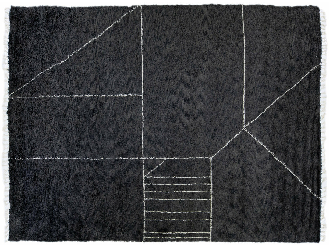 Black Modern Moroccan Style Handmade Abstract Pattern Wool Rug by Apadana