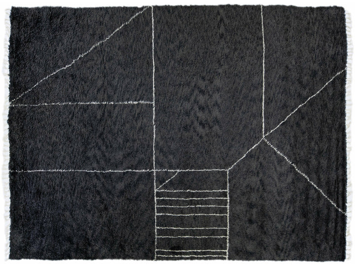 Black Modern Moroccan Style Handmade Abstract Pattern Wool Rug by Apadana