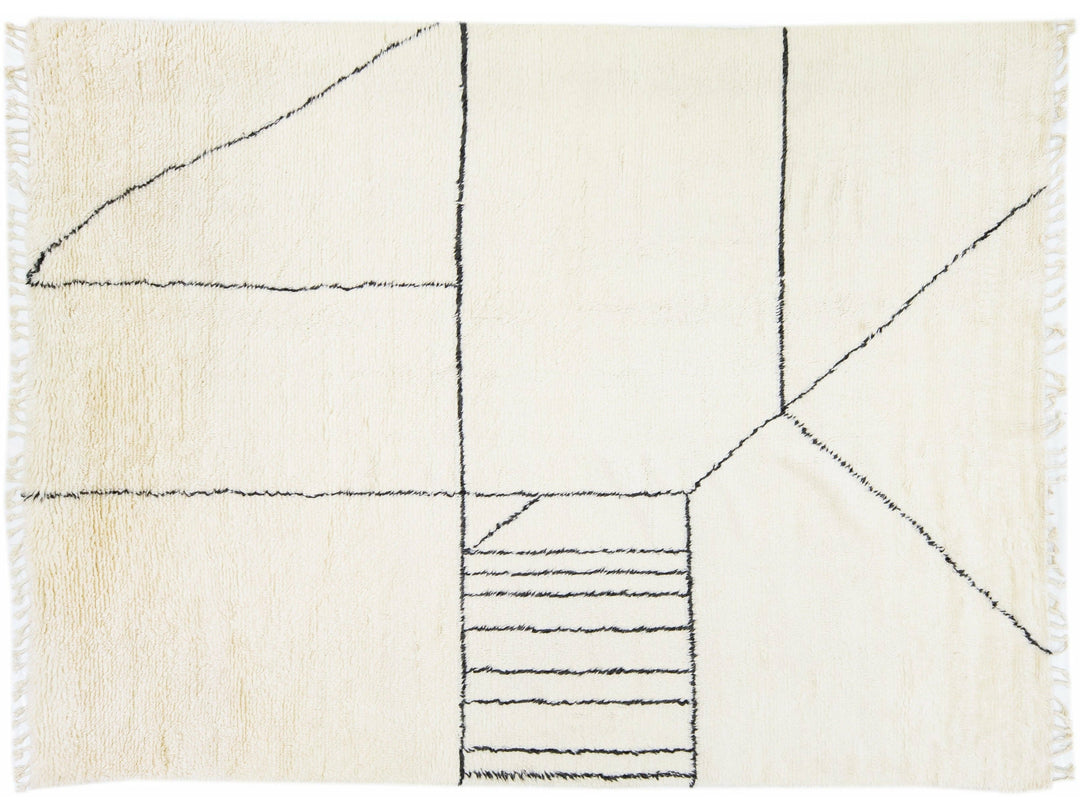 Ivory Modern Moroccan Style Handmade Abstract Pattern Wool Rug by Apadana