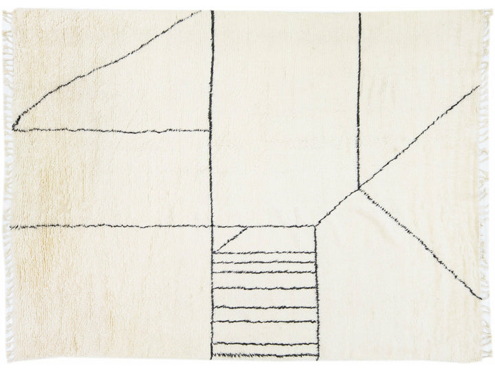 Ivory Modern Moroccan Style Handmade Abstract Pattern Wool Rug by Apadana